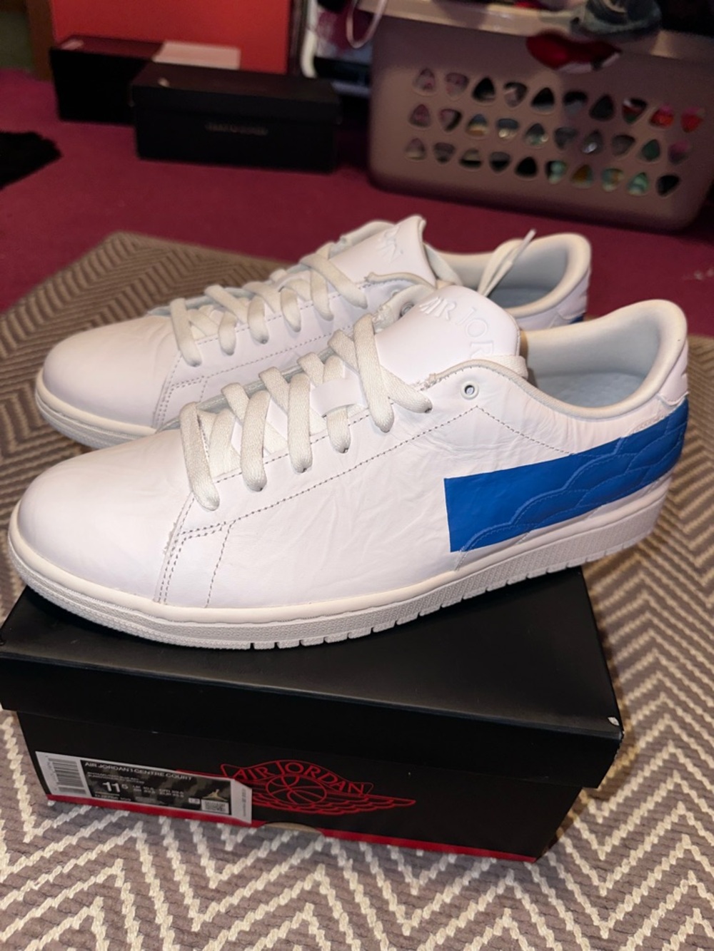 Air Jordan 1 Centre Court Men's White Leather Low-Top Sneakers with Blue Accent